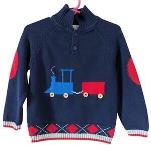 Zubels Navy Blue Train Theme Red Elbow Patches 100% Cotton Knit Sweater Size 3